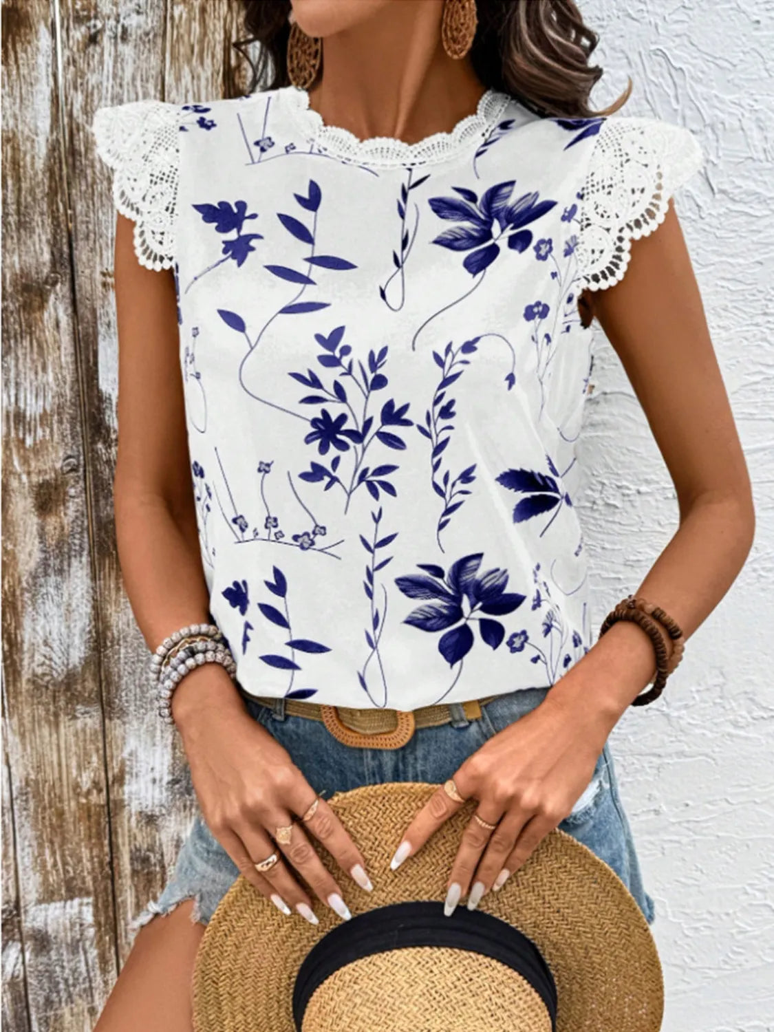Lace Detail Printed Cap Sleeve Blouse - Enfance-Heureuse