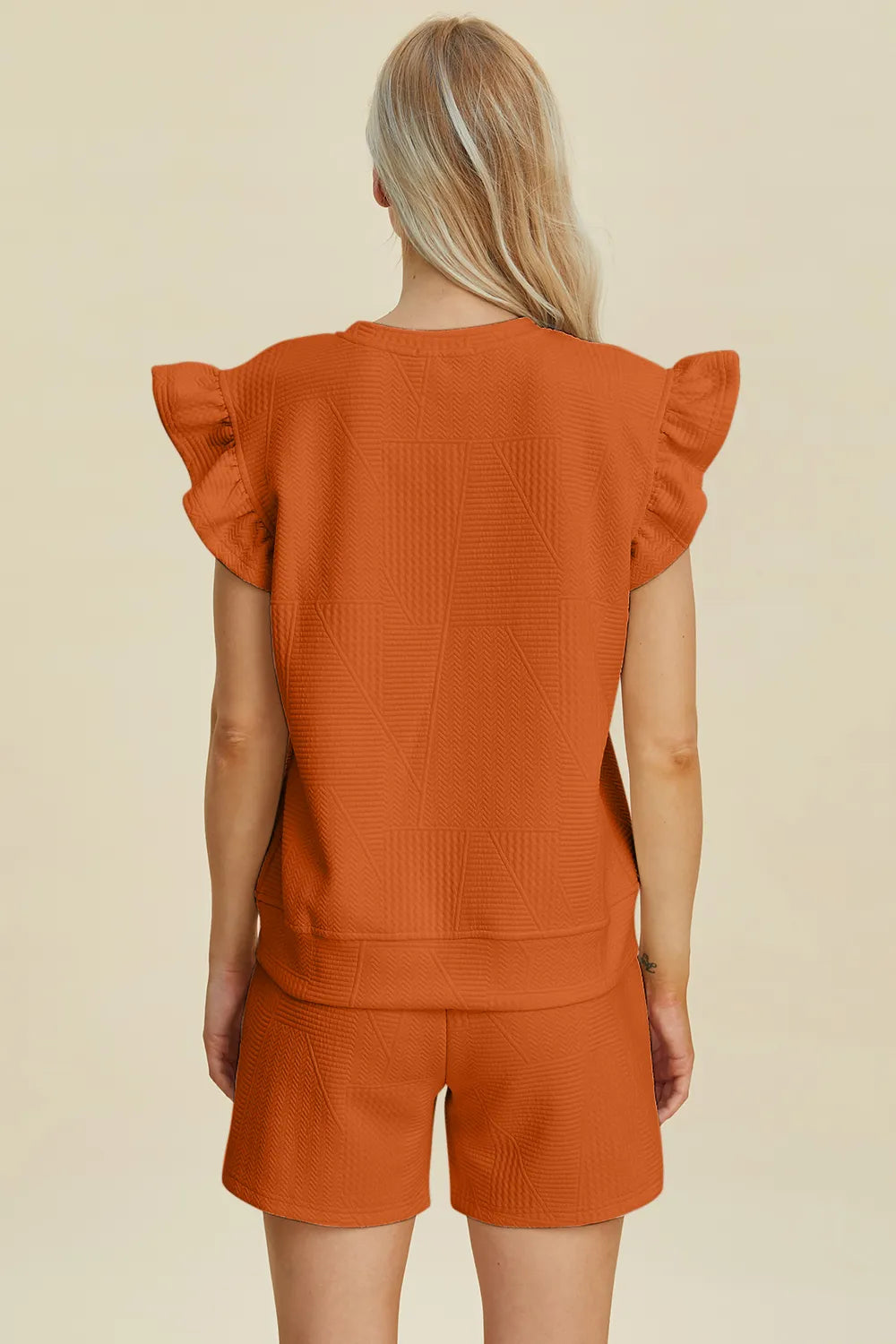 Double Take Full Size Texture Round Neck Ruffle Sleeve Top and Shorts Set - Enfance-Heureuse