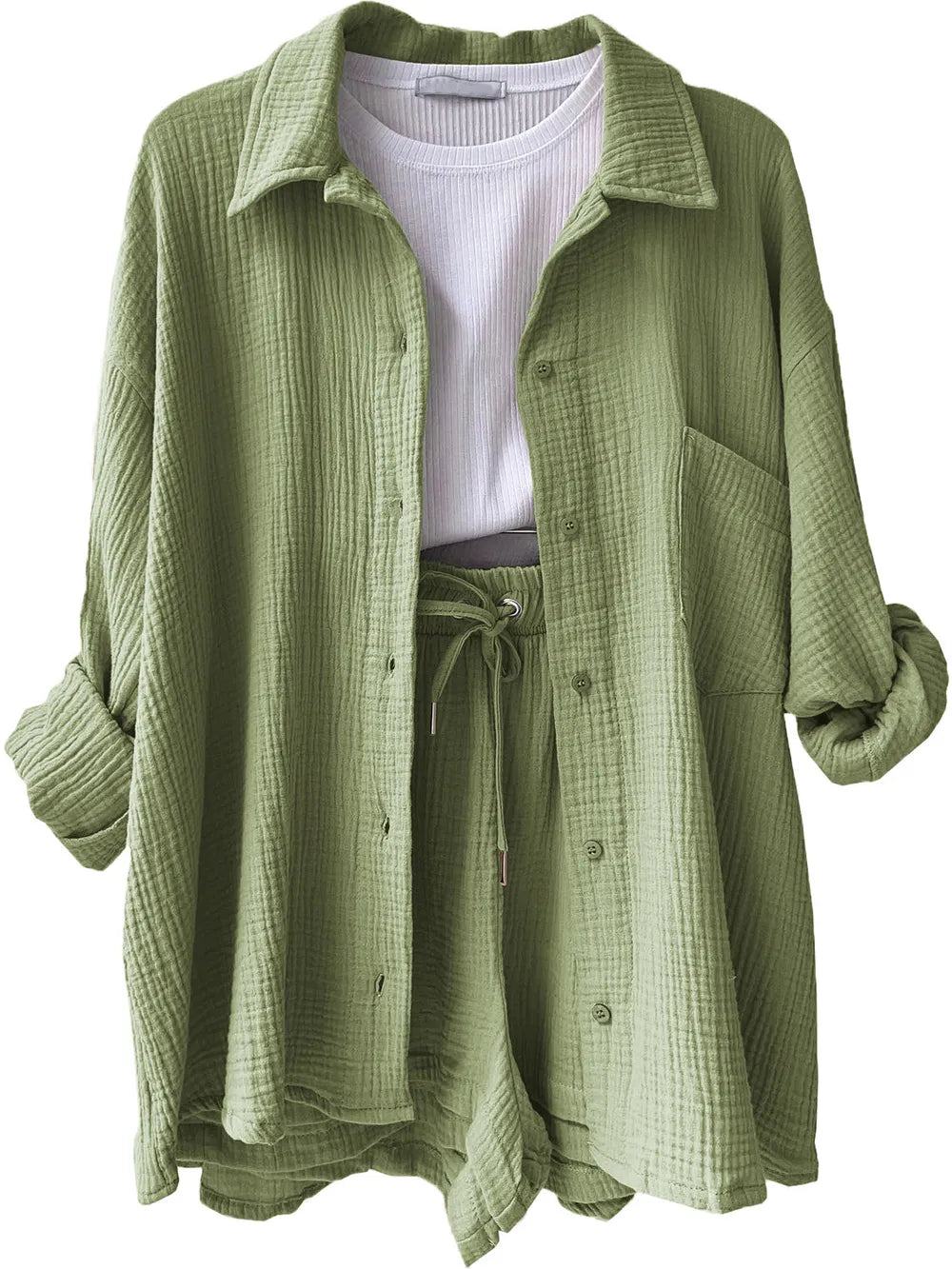 Texture Button Up Shirt and Drawstring Shorts Set - Enfance-Heureuse