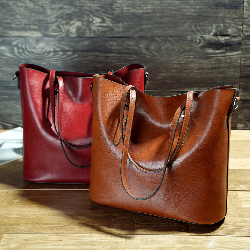 Simple Oil Wax Leather Messenger Shoulder Bags Women's High Capacity Portable Tote Bag - Enfance-Heureuse