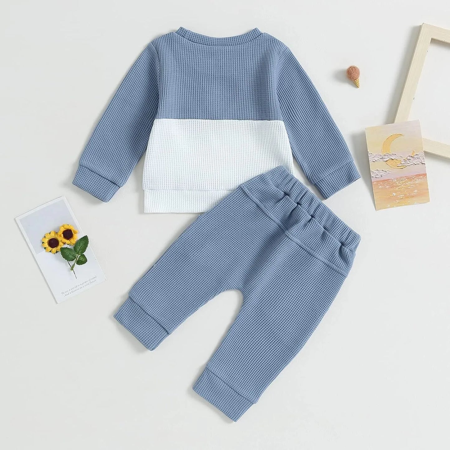 Color Matching Pocket Waffle Sweater Lace-up Sweatpants 2-Piece Children's Fashion Casual Wear Baby Suit