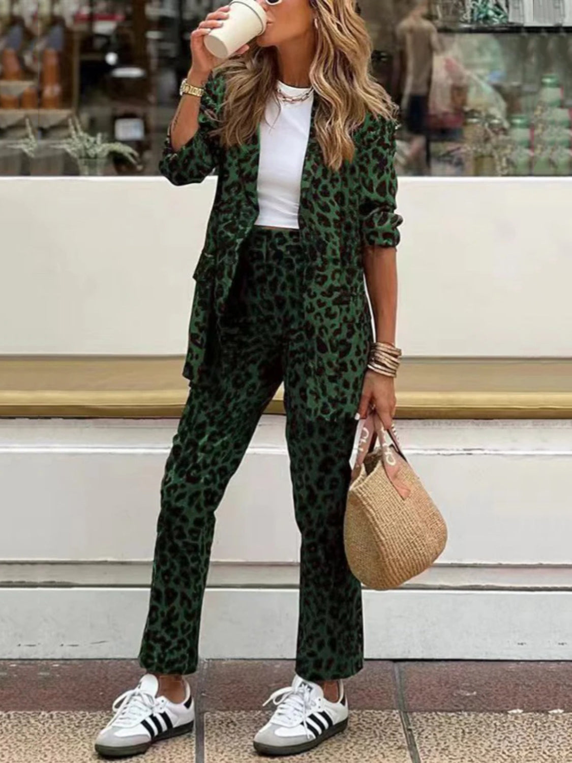 Full Size Leopard Lapel Collar Long Sleeve Blazer and Pants Set