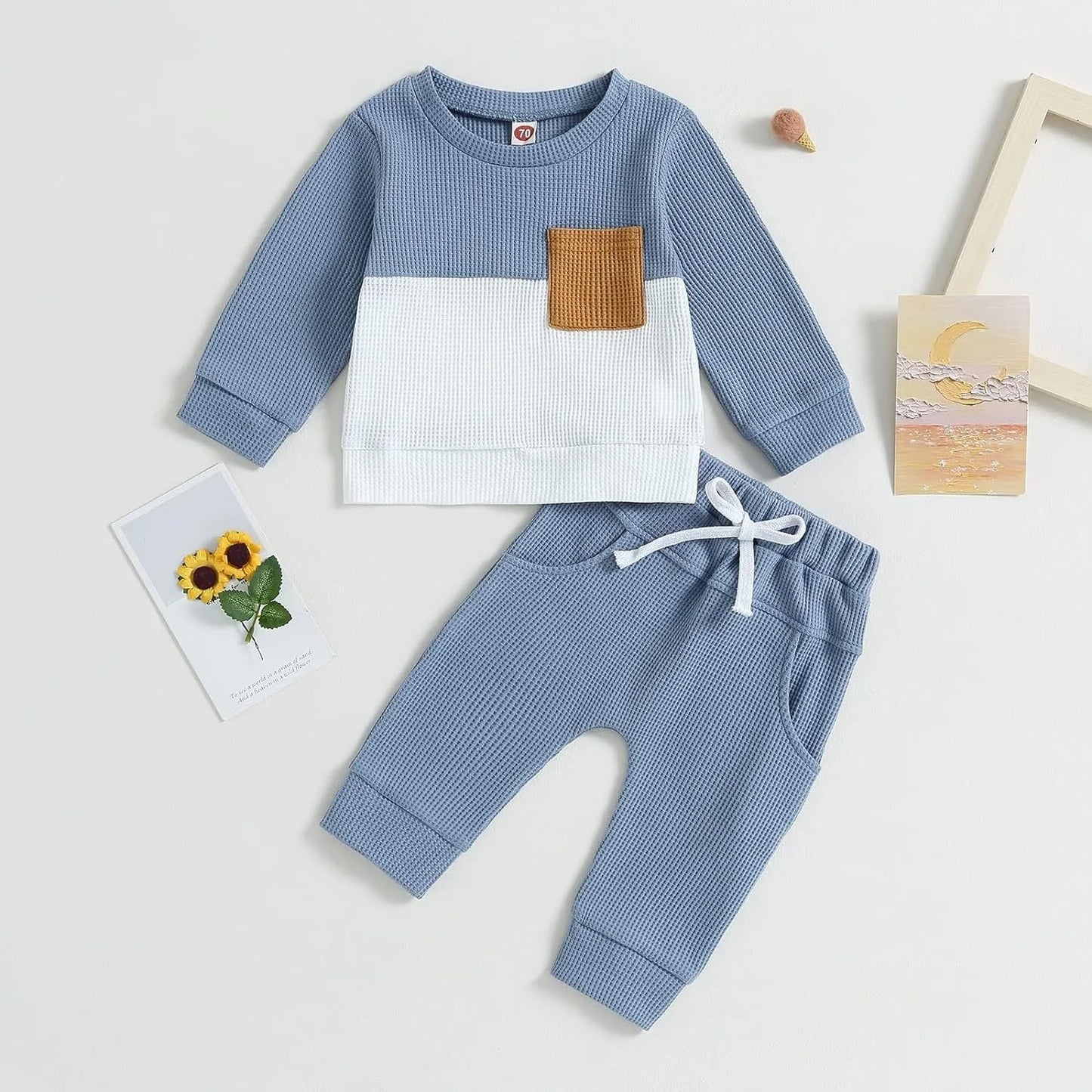 Color Matching Pocket Waffle Sweater Lace-up Sweatpants 2-Piece Children's Fashion Casual Wear Baby Suit