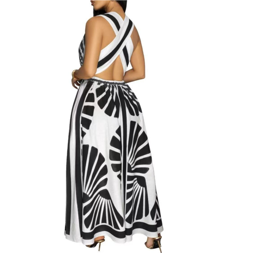 European And American V-neck Positioning Printing Backless Dress - Enfance-Heureuse