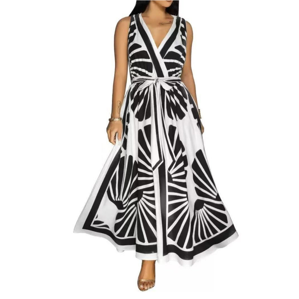 European And American V-neck Positioning Printing Backless Dress - Enfance-Heureuse