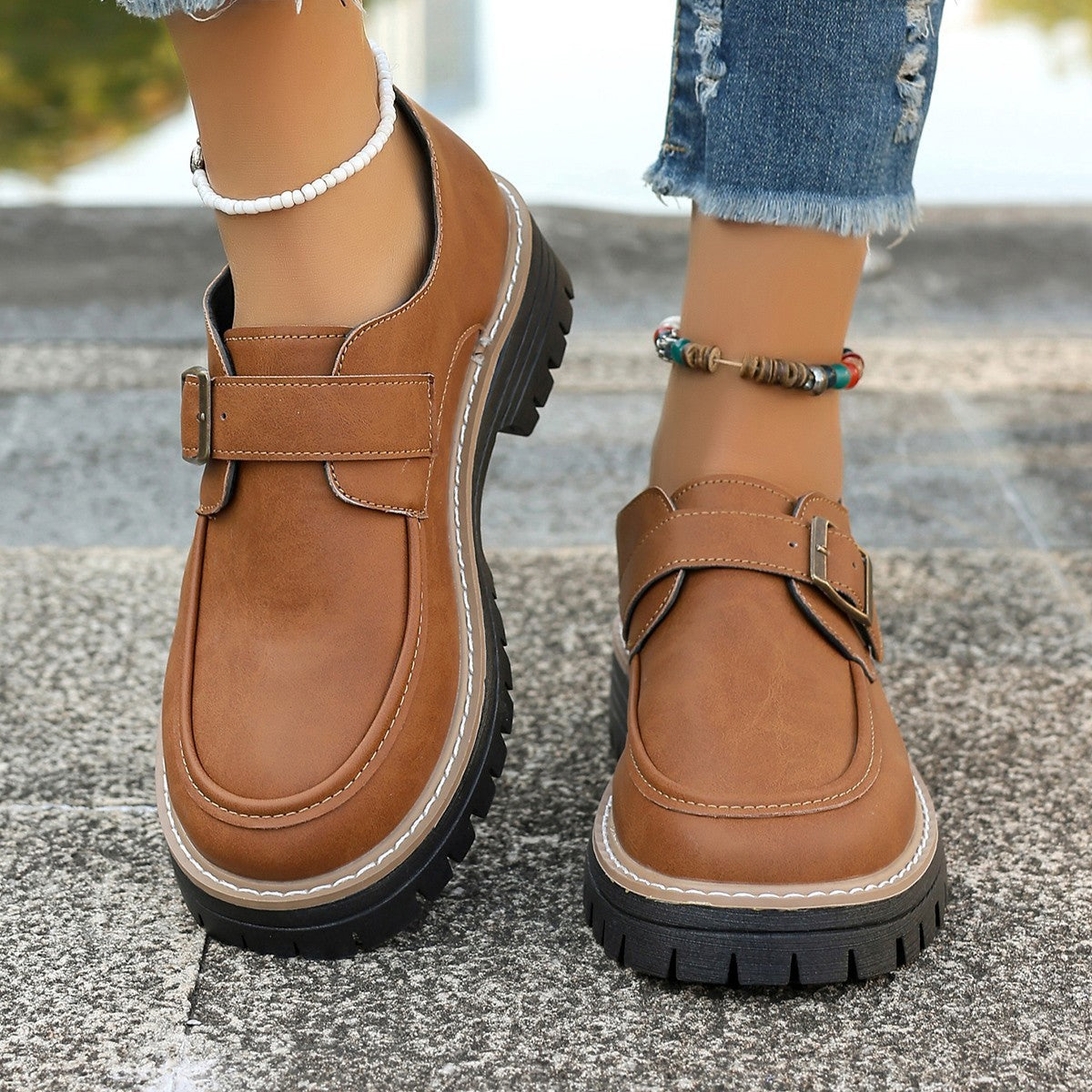 Fashion Buckle Loafers For Women British Style Height-increasing Thick-soled Casual Shoes - Enfance-Heureuse