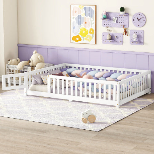 Full Size Bed Floor Bed With Safety Guardrails And Door For Kids, White - Enfance-Heureuse