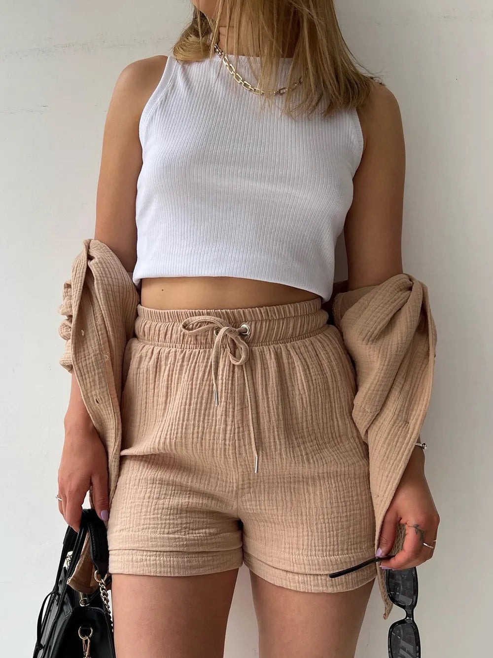 Texture Button Up Shirt and Drawstring Shorts Set - Enfance-Heureuse