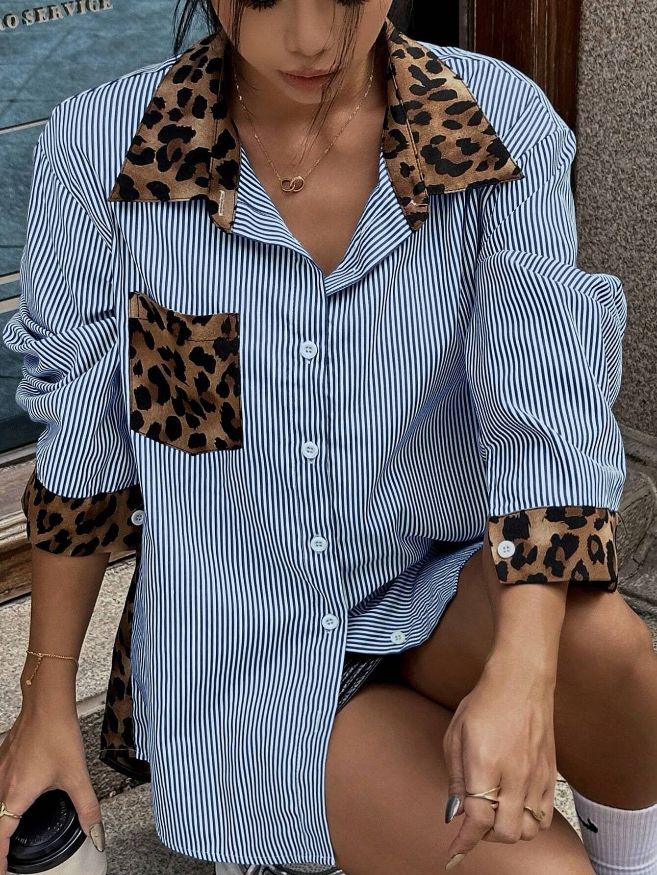 INS Leopard Striped Patchwork Shirt Fashion Casual Long-sleeved Button Lapel Top Women's Clothing - Enfance-Heureuse