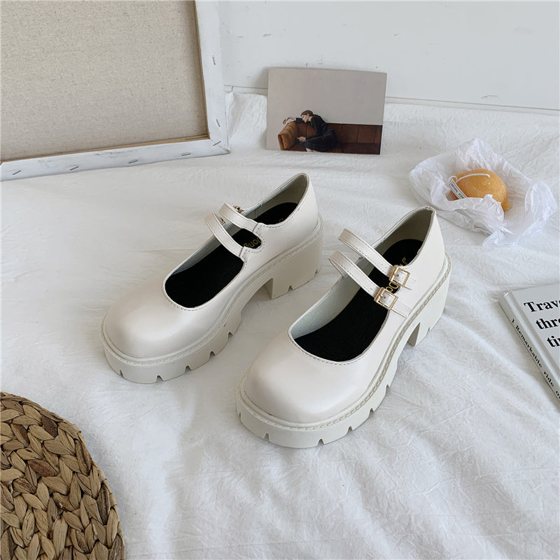 Spring Retro Chunky Heel Platform Leather Shoes