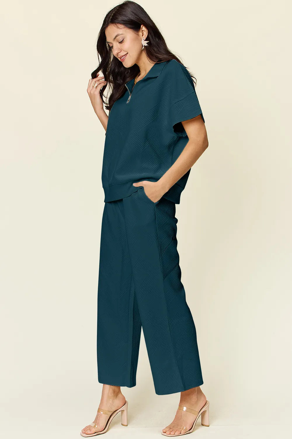 Double Take Full Size Texture Half Zip Short Sleeve Top and Pants Set - Enfance-Heureuse