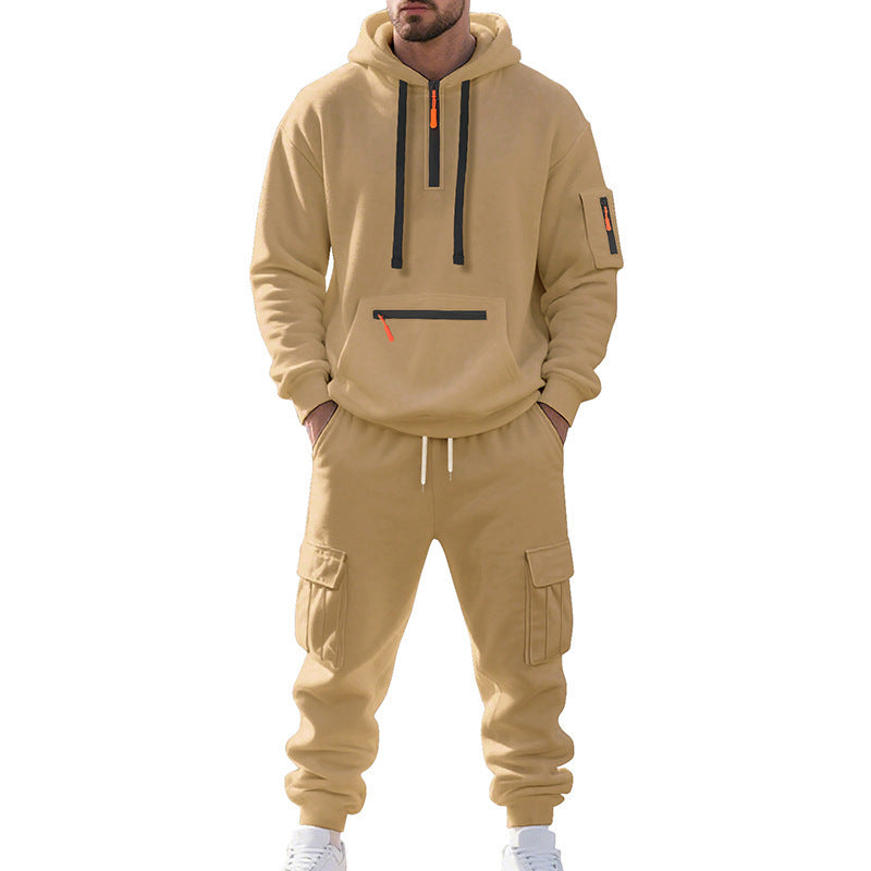 Men's Loose Sports And Leisure Suit Sweater Fleece-lined Hoodie Set Zipper Multi-Pocket Pullover Men's Sports Casual Top Two-piece Set - Enfance-Heureuse