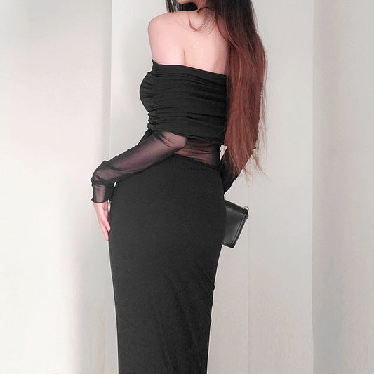 Women's Winter Sexy Off-the-shoulder Pleated Long Sleeve Polyester Dress - Enfance-Heureuse