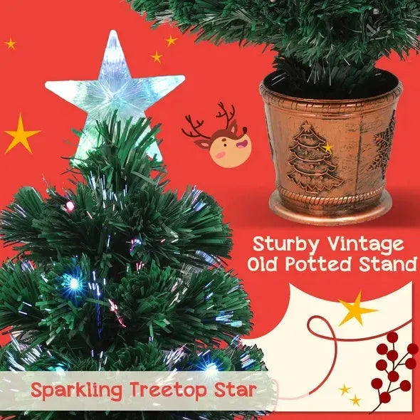 Pre-lit Optical Fiber Christmas Artificial Tree 4-Piece Set, Christmas Garland, Wreath And Set Of 2 Entrance Trees With Colorful Lights, PVC Festival Celebration Set - Enfance-Heureuse
