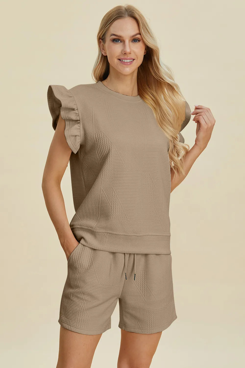 Double Take Full Size Texture Round Neck Ruffle Sleeve Top and Shorts Set - Enfance-Heureuse