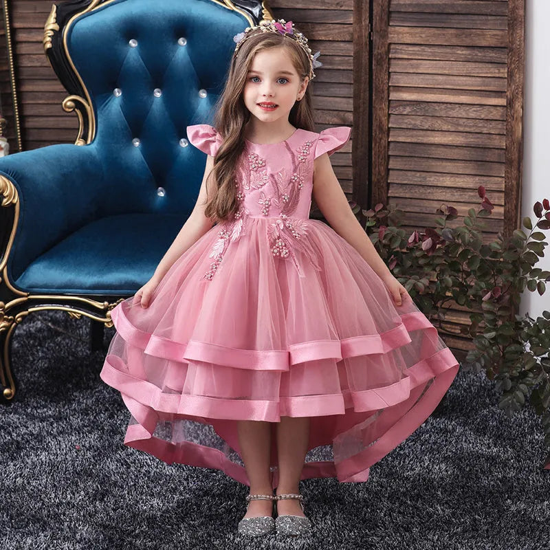 Girls' Princess Dress Short Front And Long Back Flower Girl Little Host Tail Costume