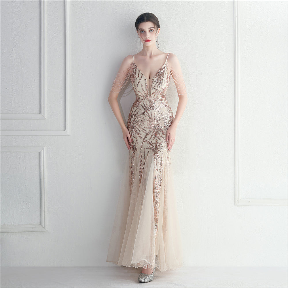 Mesh Beaded Bridal Wedding Dinner Long Camisole Evening Gown - Enfance-Heureuse