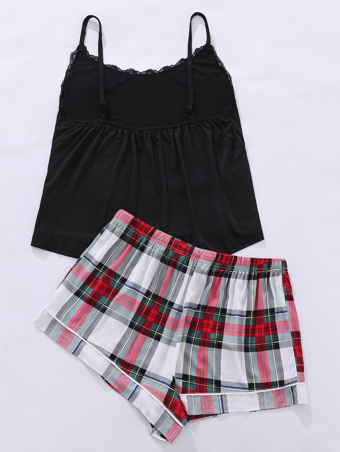 Plus Size Lace Trim Scoop Neck Cami and Printed Shorts Pajama Set - Enfance-Heureuse