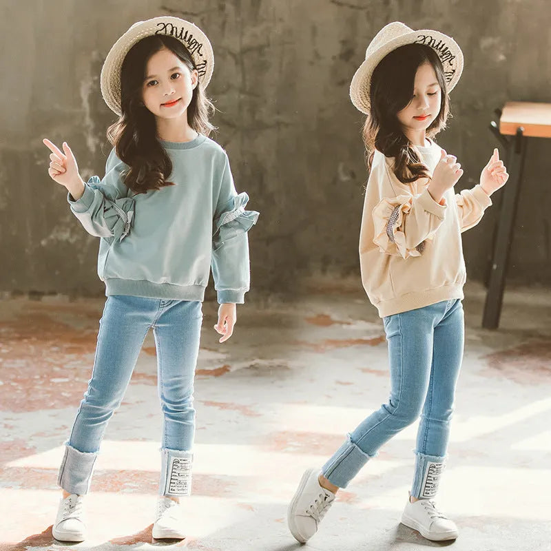 Girls' Lace Sleeve Jeans Two-Piece Set