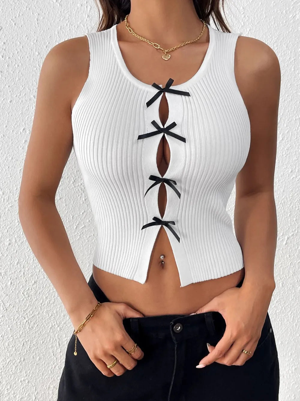 Perfee Bow Front Round Neck Tank - Enfance-Heureuse