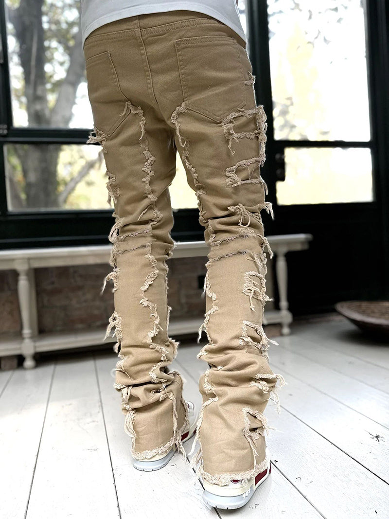 Men Trousers Individual Patched Pants Long Tight Fit Stacked Jeans For Mens Clothing - Enfance-Heureuse