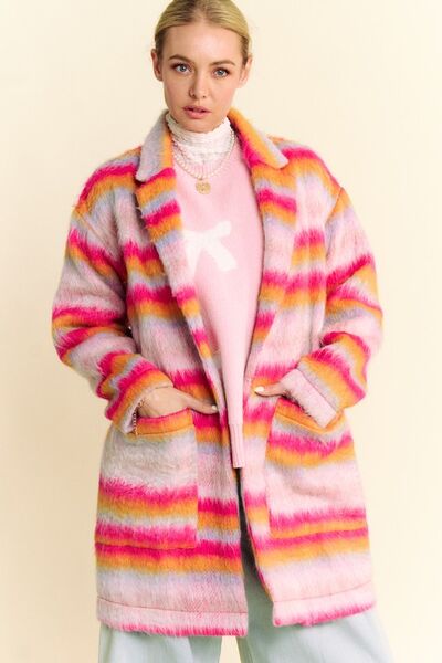 Davi & Dani Contrast Striped Open Front Coat with Pockets - Enfance-Heureuse