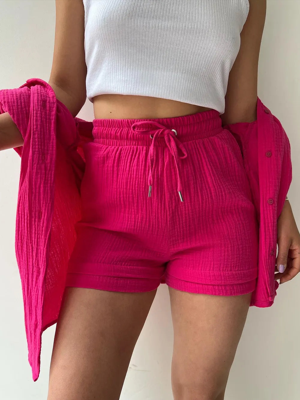 Texture Button Up Shirt and Drawstring Shorts Set - Enfance-Heureuse