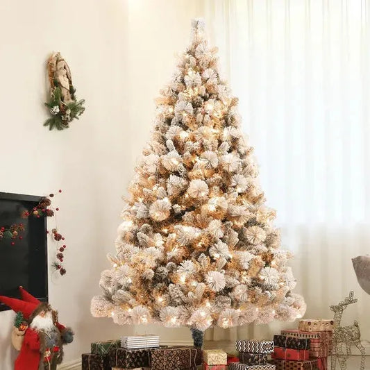 HOMCOM 6.5 Ft Pre-Lit Artificial Christmas Tree With 350 Clear Lights And 1107 Tips, Snow Flocked Christmas Tree With Metal Stand, Hinged Xmas Tree For Home Office Holiday, Green - Enfance-Heureuse