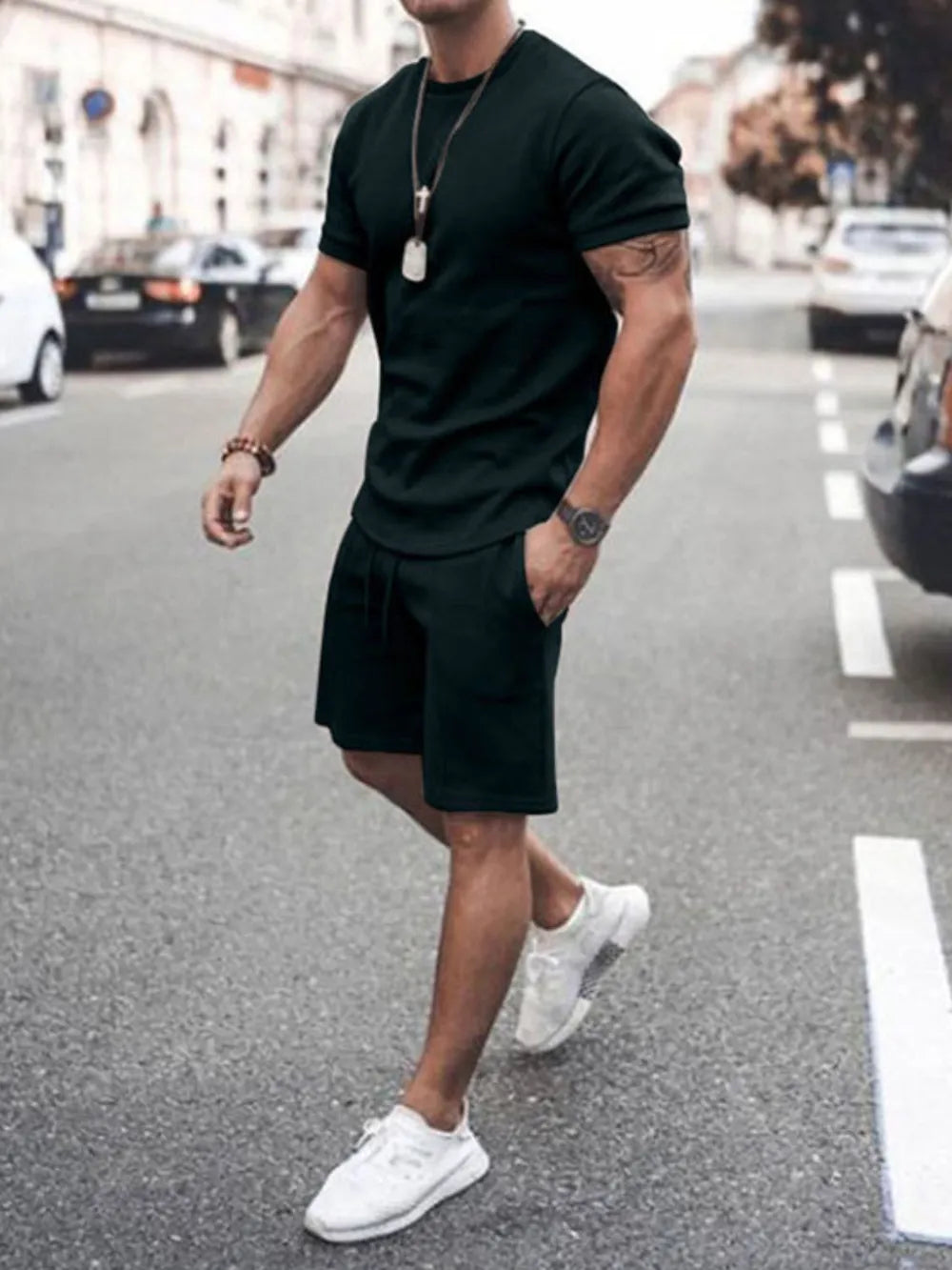 Men's Plus Size Round Neck Short Sleeve Top and Shorts Set - Enfance-Heureuse