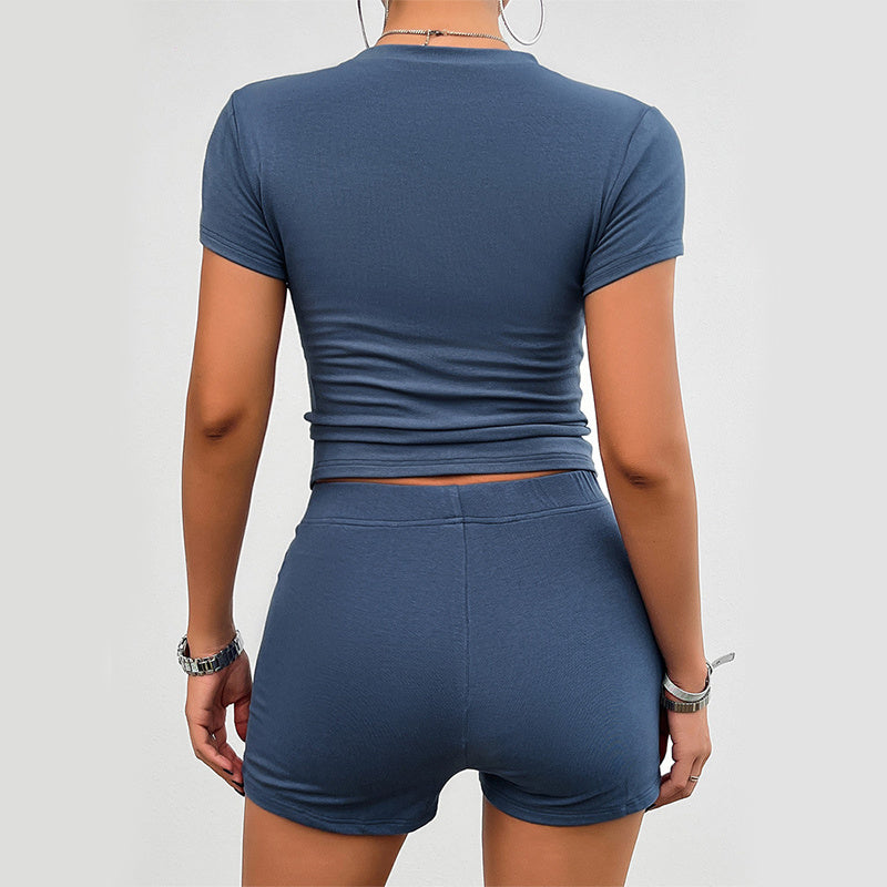 Solid Color Slim Sports Suit Summer 2Pcs Short-sleeved Round Neck T-shirt And Elastic Shorts Fashion Womens Clothing - Enfance-Heureuse
