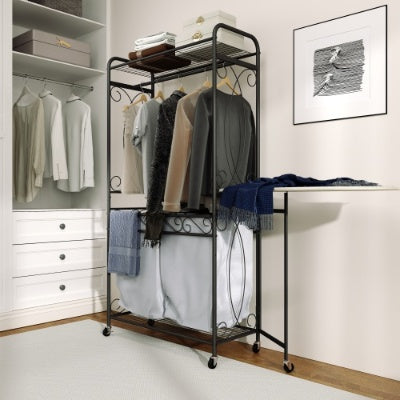 Multi Functional Laundry Hamper Organizer With Hanging Rail And Storage Shelf Rolling Laundry Cart With Wheels, Heavy Duty Metal Frame For Bathroom, Laundry Room, Or Bedroom Organization - Enfance-Heureuse