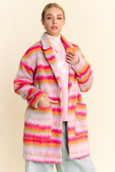 Davi & Dani Contrast Striped Open Front Coat with Pockets - Enfance-Heureuse