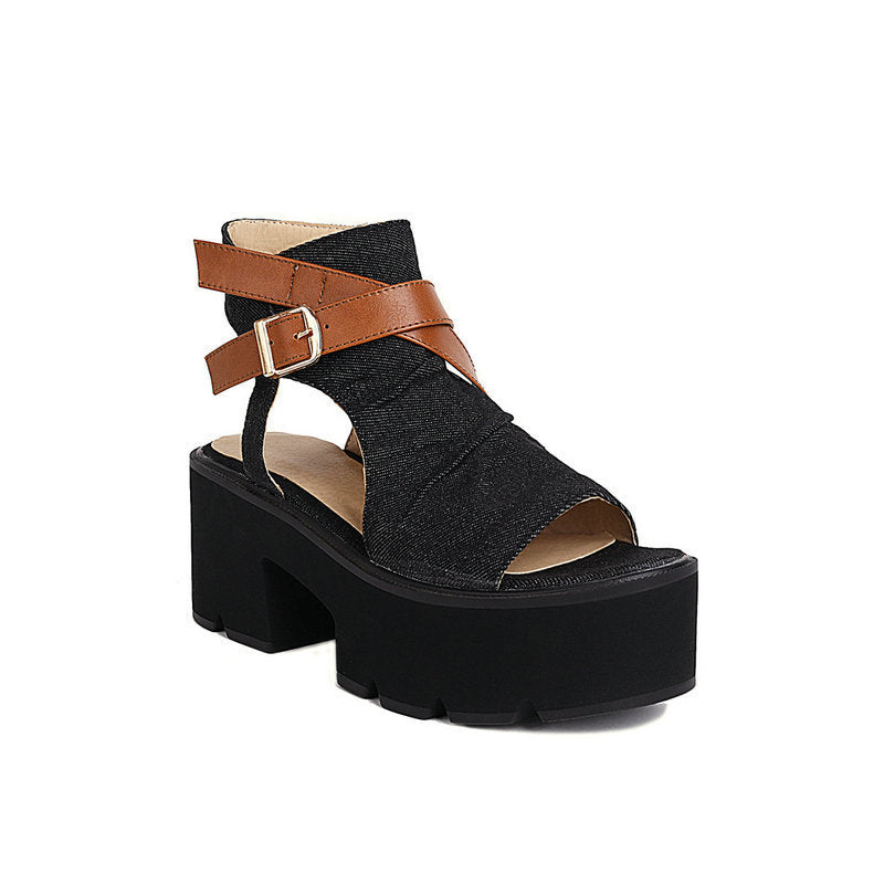Denim Women's Sandals Leather Ring Strap Peep Toe Cool - Enfance-Heureuse